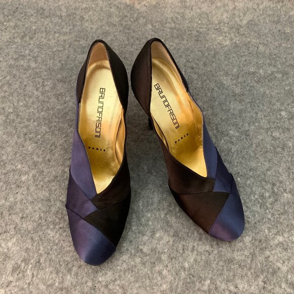 Bruno Frisoni Paris Women’s Blue and Black Satin Heel Leather Sole Pump Shoes - Picture 1 of 11